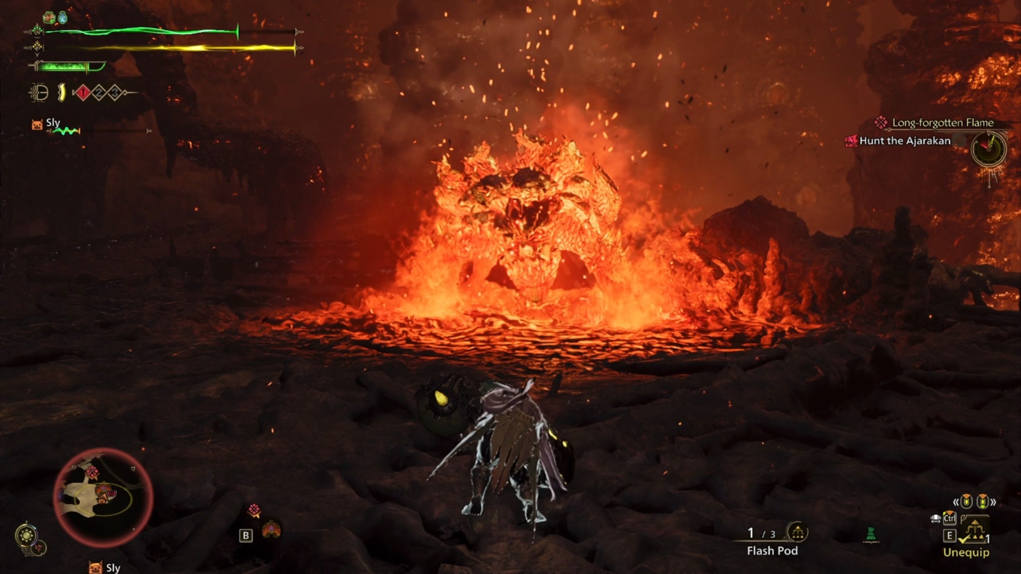 A Monster Hunter Wilds screenshot showing a bright orange Ajarakan with lava emitting from it along the ground. - 5
