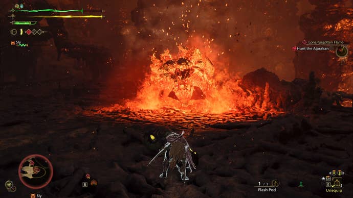 A Monster Hunter Wilds screenshot showing a bright orange Ajarakan with lava emitting from it along the ground.