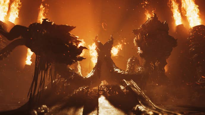 A Monster Hunter Wilds screenshot showing The Black Flame monster grabbing two Ajarakans using their tentacle legs with fire geysers surrounding them.