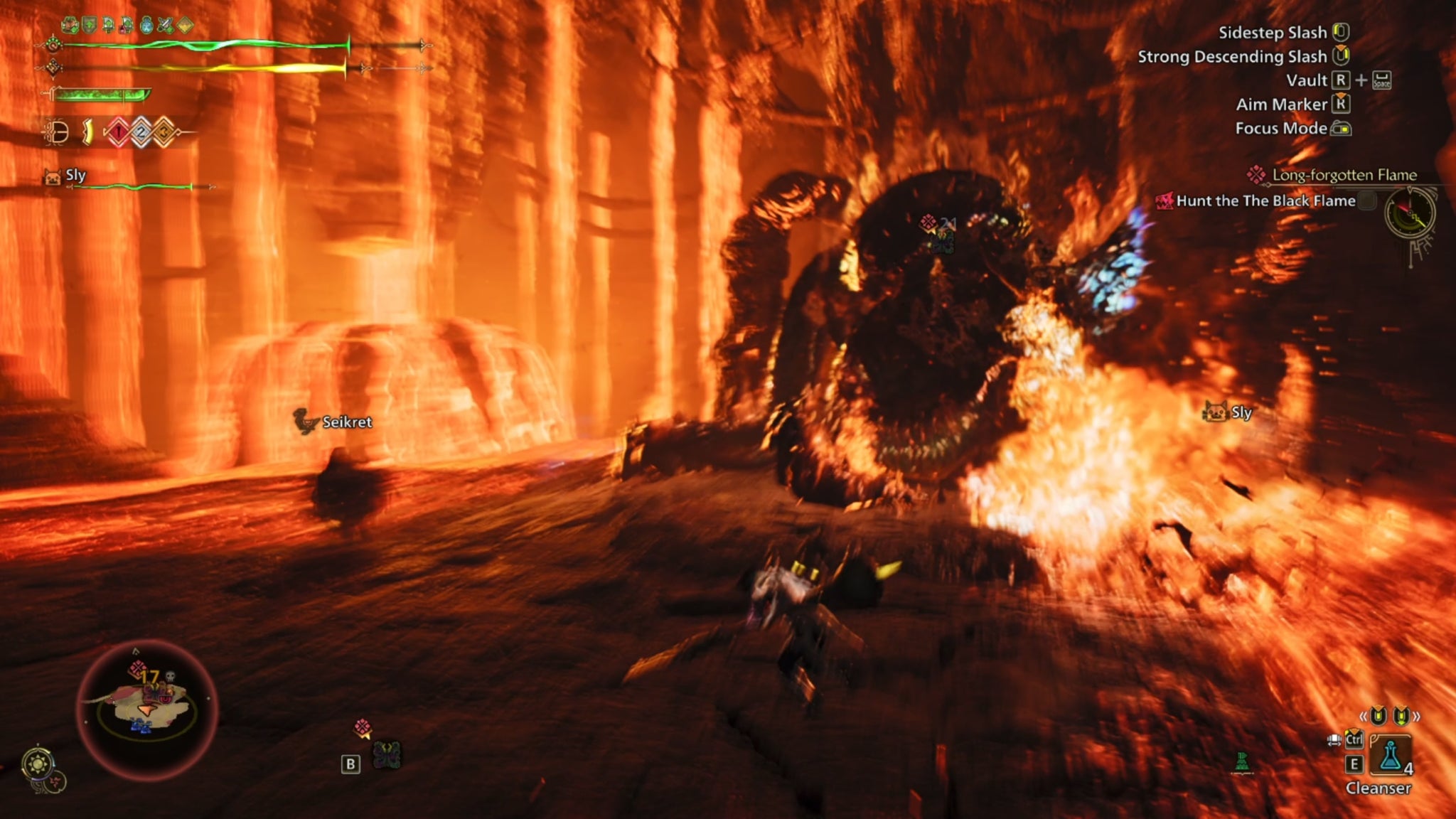 A blurry Monster Hunter Wilds screenshot showing The Black Flame breathing fire with the hunter to the side of it. - 7