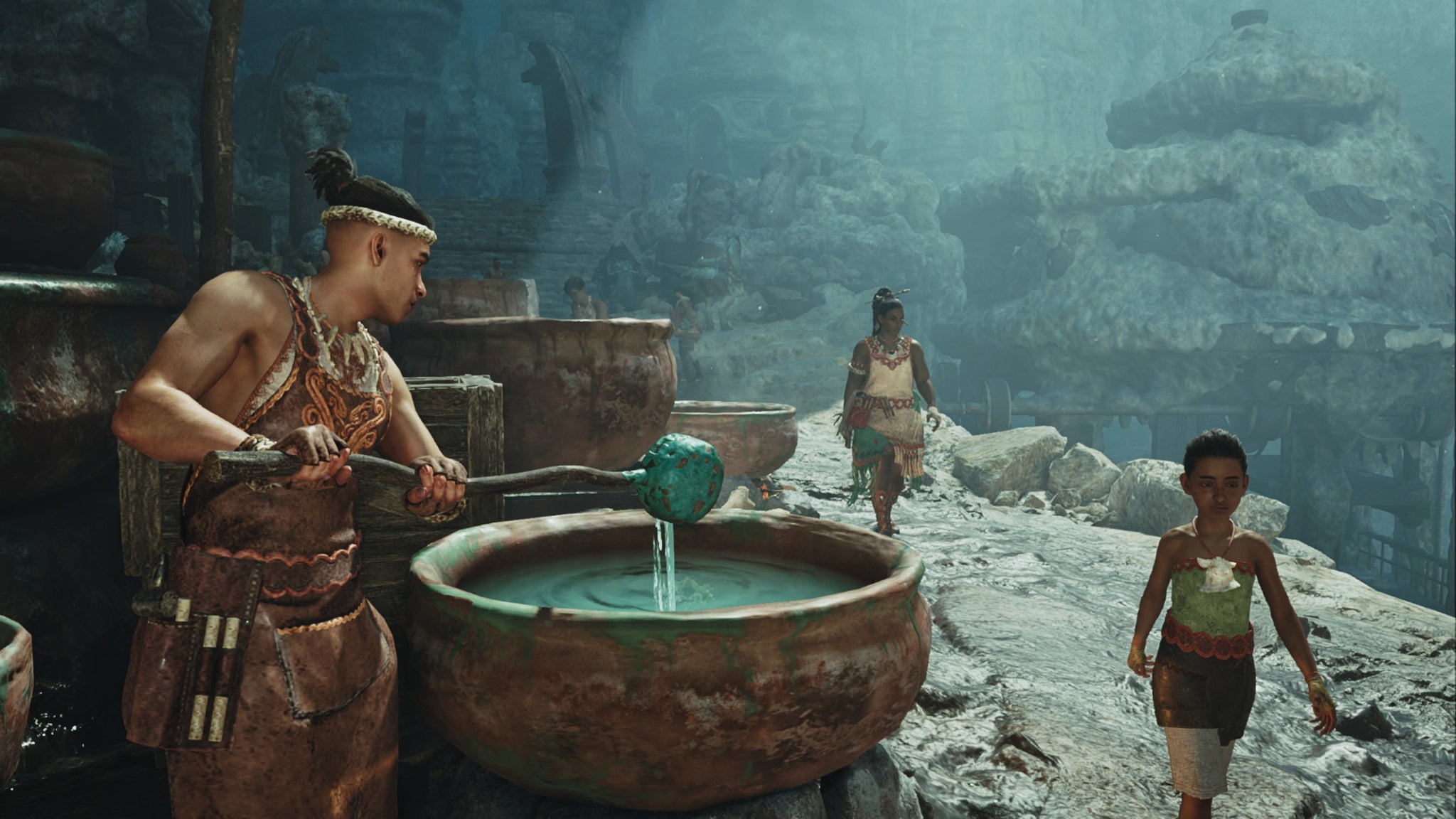 Monster Hunter Wilds screenshot of a man holding a ladle above a large pot filled with a teal liquid as a child walks by. - 5