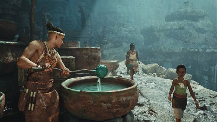 Monster Hunter Wilds screenshot of a man holding a ladle above a large pot filled with a teal liquid as a child walks by.