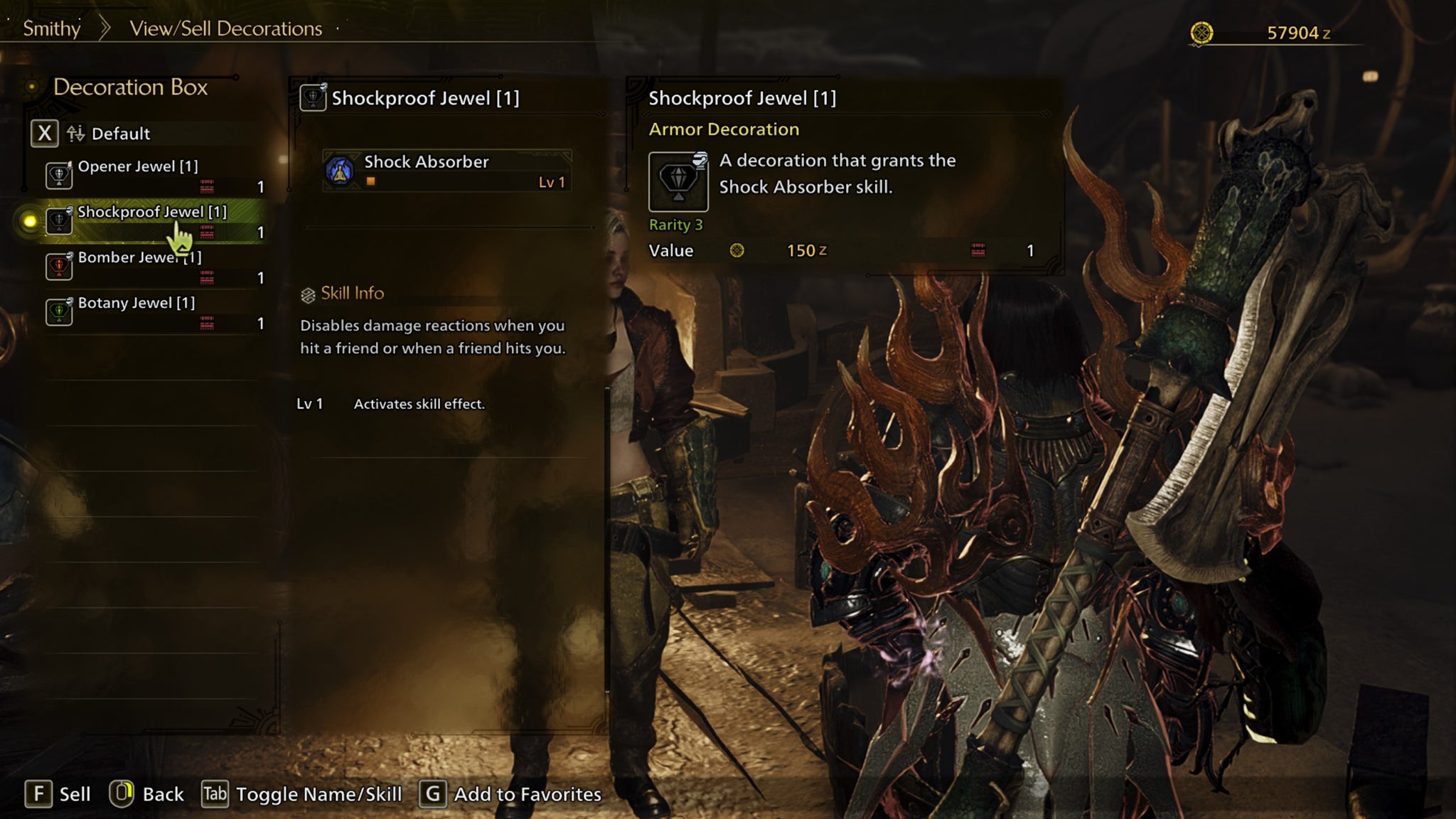 A Monster Hunter Wilds screenshot showing the Decoration Box menu highlighting the Shockproof Jewel. - 4