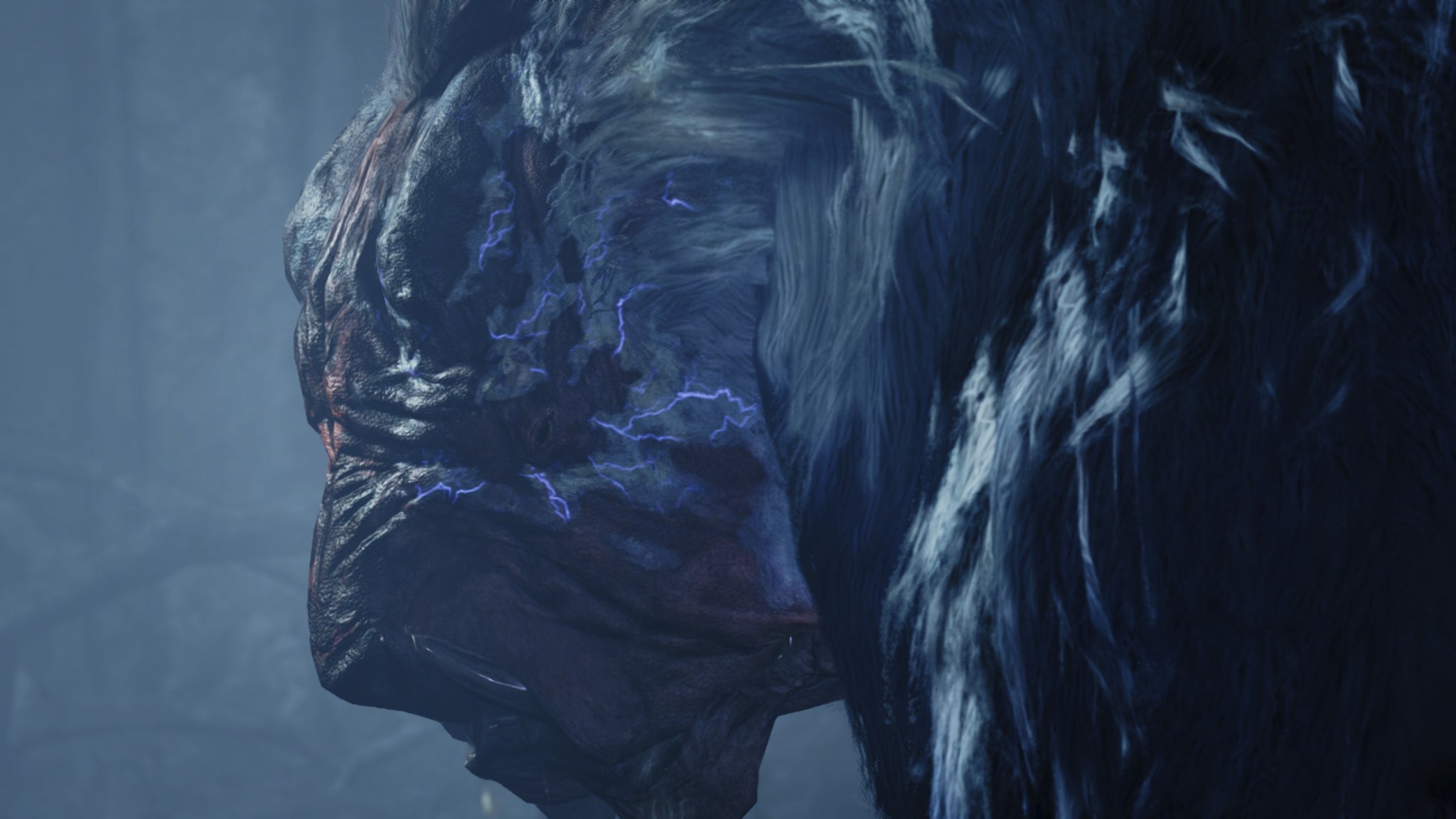 A Monster Hunter Wilds screenshot zooming in on a white fur Doshaguma with electricity pulsing through their face. - 5