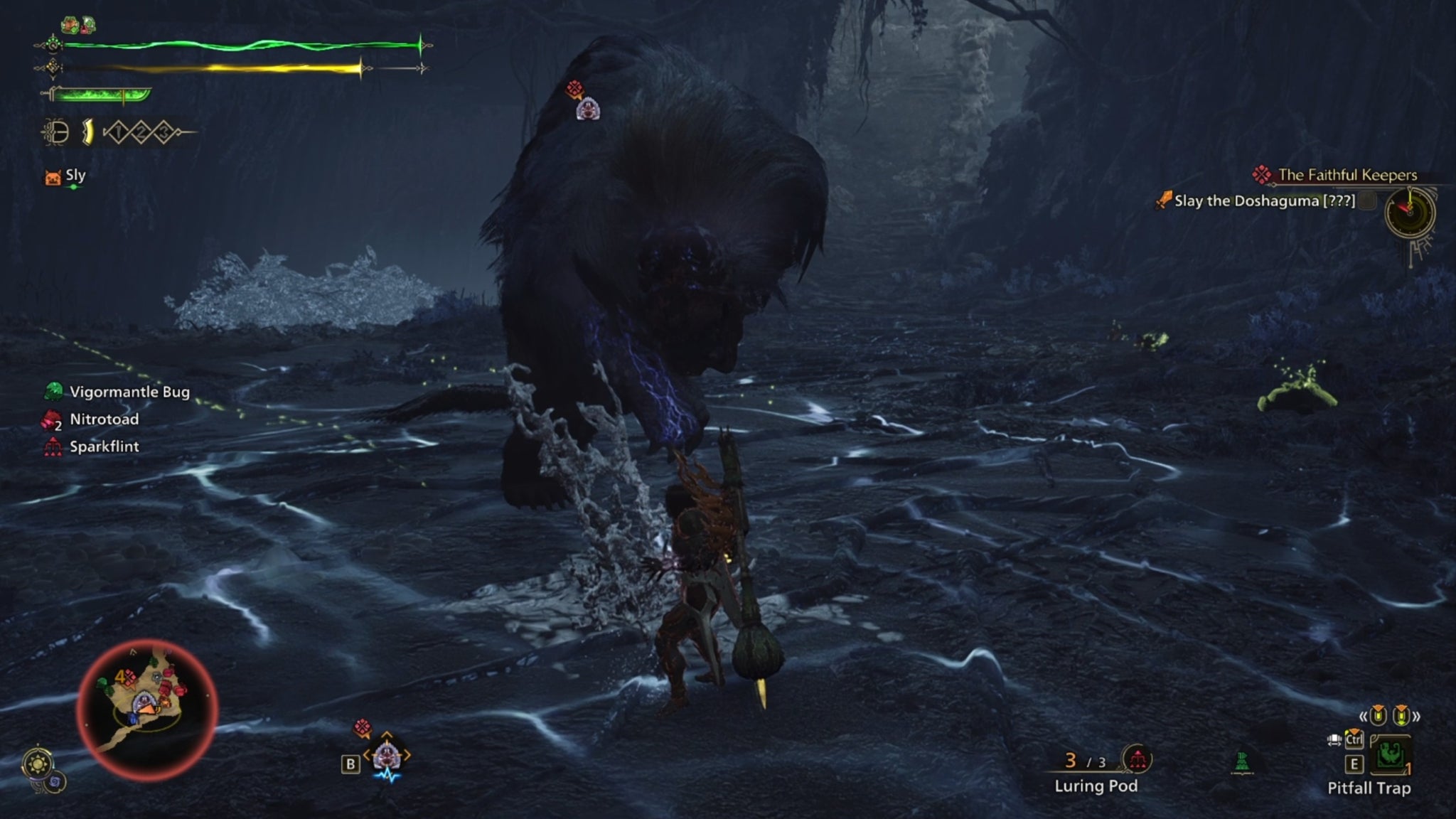 A Monster Hunter Wilds screenshot showing a Doshaguma standing high above a small wall of white crystals the size of the hunter. - 6