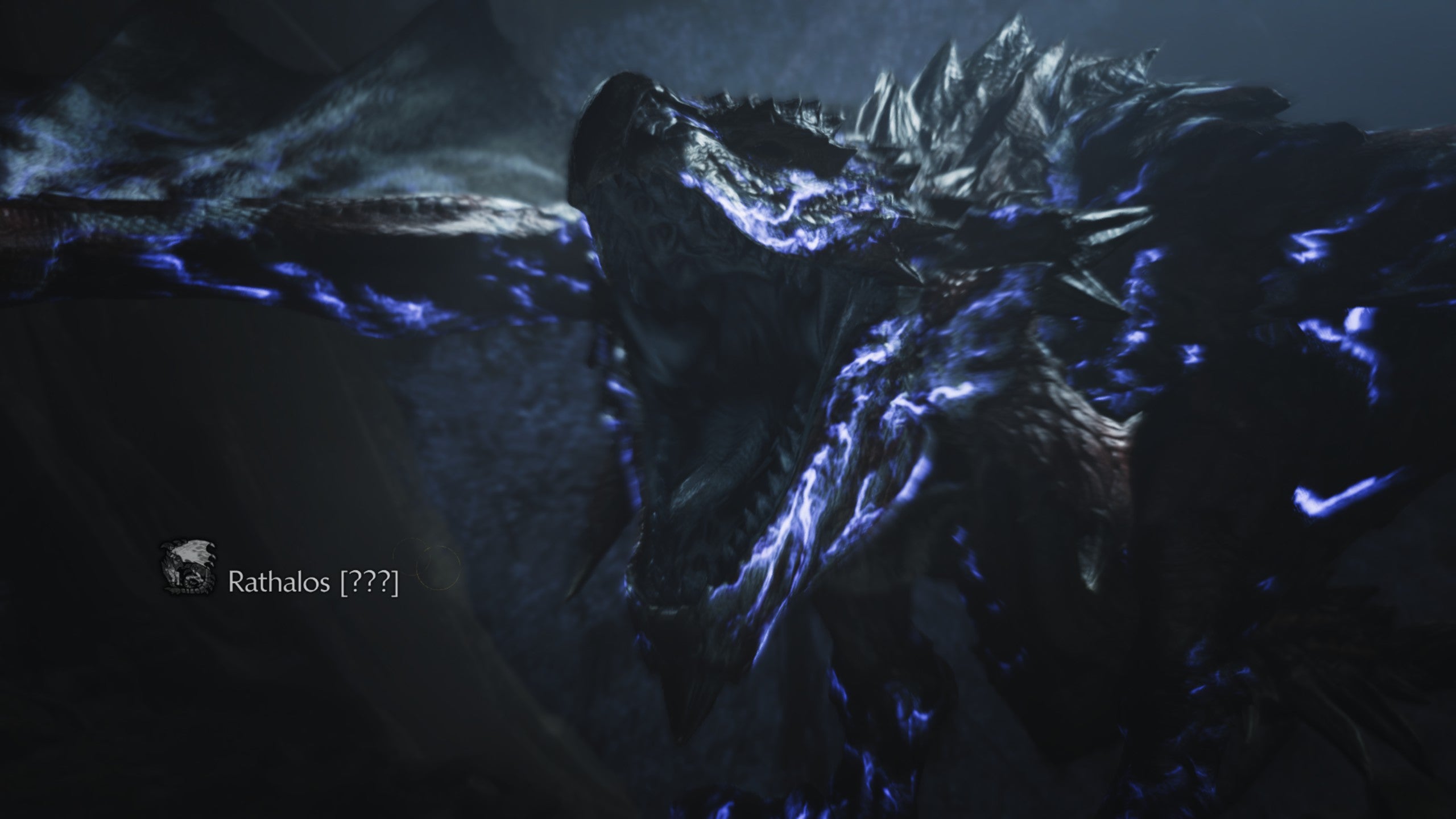 A Monster Hunter Wilds screenshot zoomed in on a Rathalos with [???] next to their name as they pulsate with electric energy.