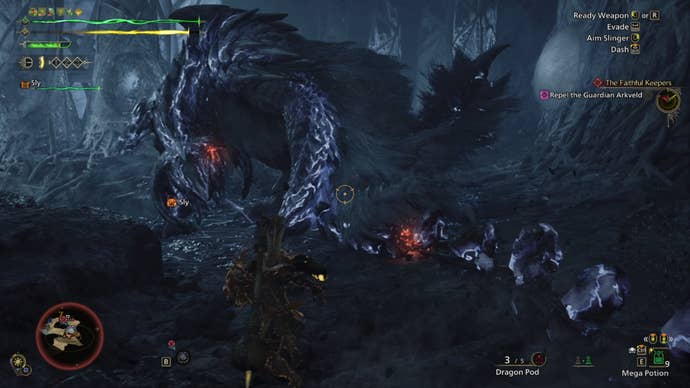 A Monster Hunter Wilds screenshot showing the Guardian Arkveld after slamming their chainblade down.