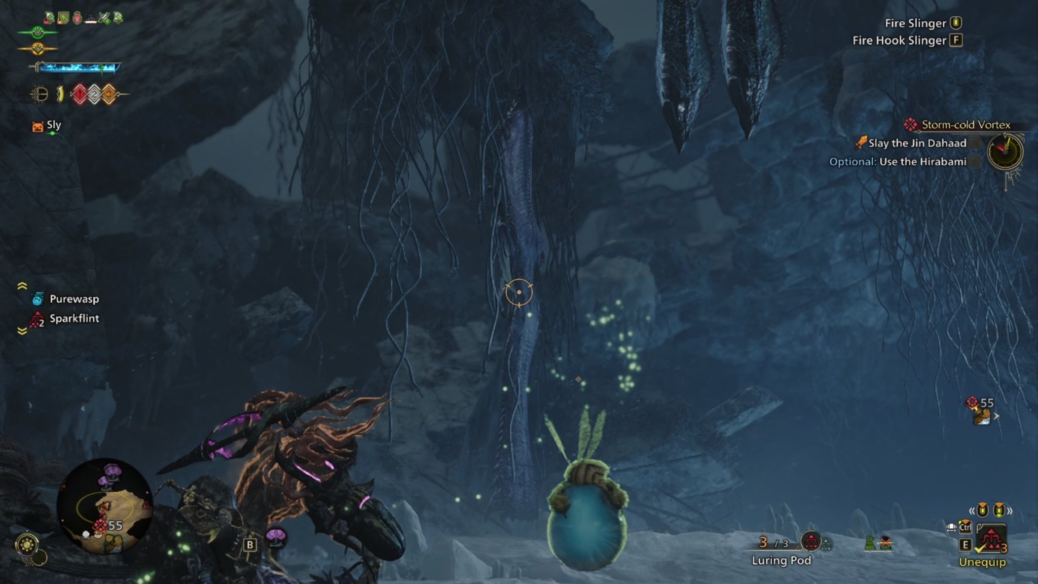 A Monster Hunter Wilds screenshot shows a purple hanging Hirabami hiding in the background. - 6