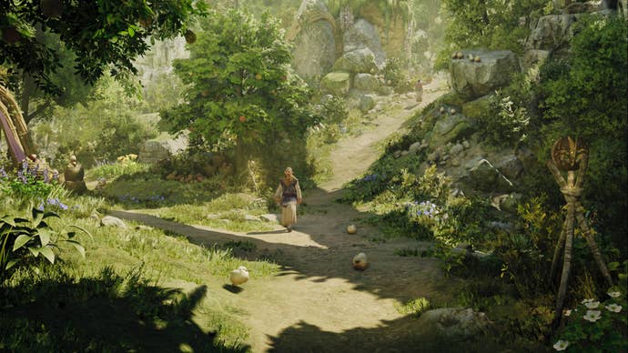 A Monster Hunter Wilds screenshot in the Suju village where someone is walking down a dirt path surrounded by greenery and baby Seikrets.