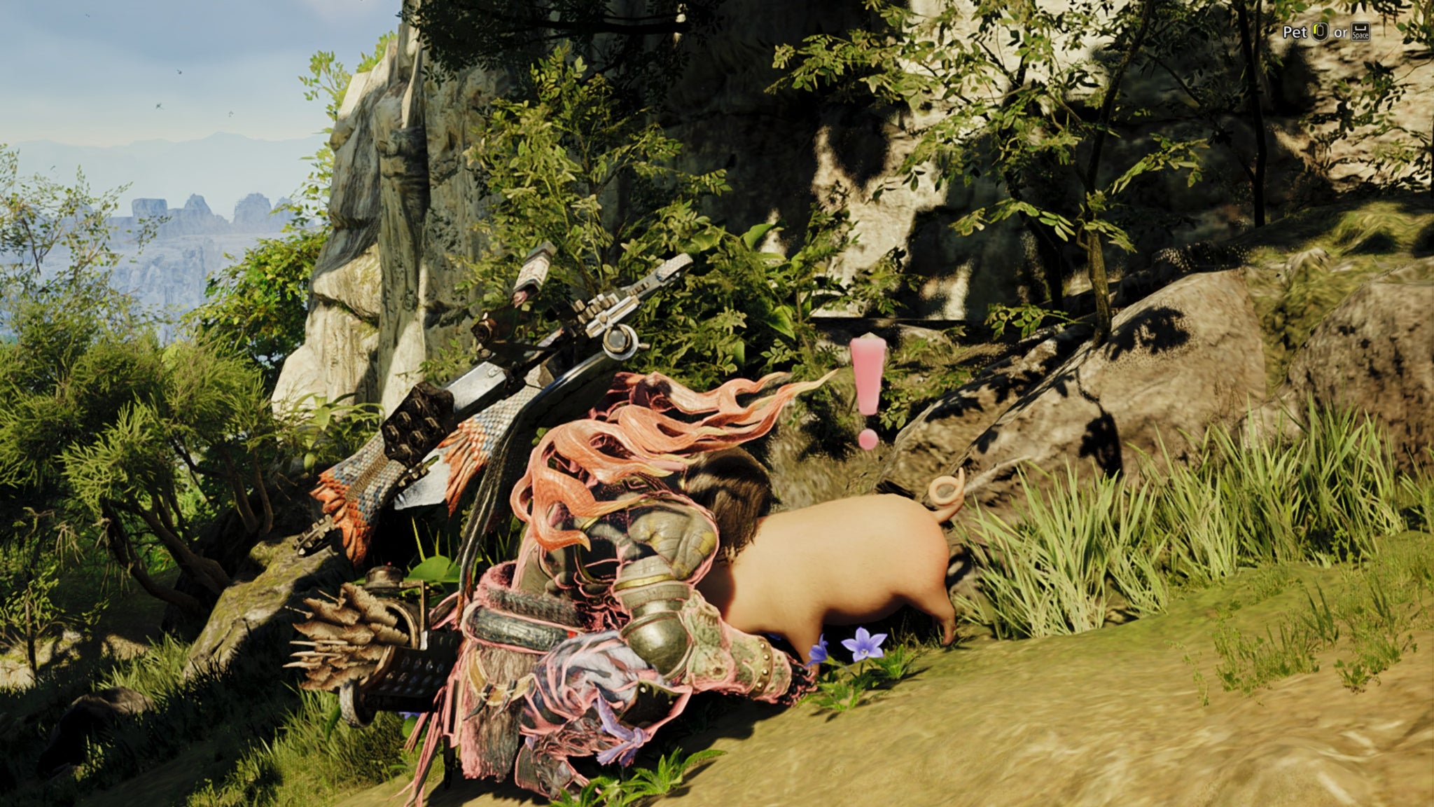 A Monster Hunter Wilds screenshot of the hunter petting the pig Poogie with a pink exclamation above them. - 4