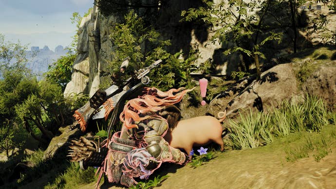 A Monster Hunter Wilds screenshot of the hunter petting the pig Poogie with a pink exclamation above them.