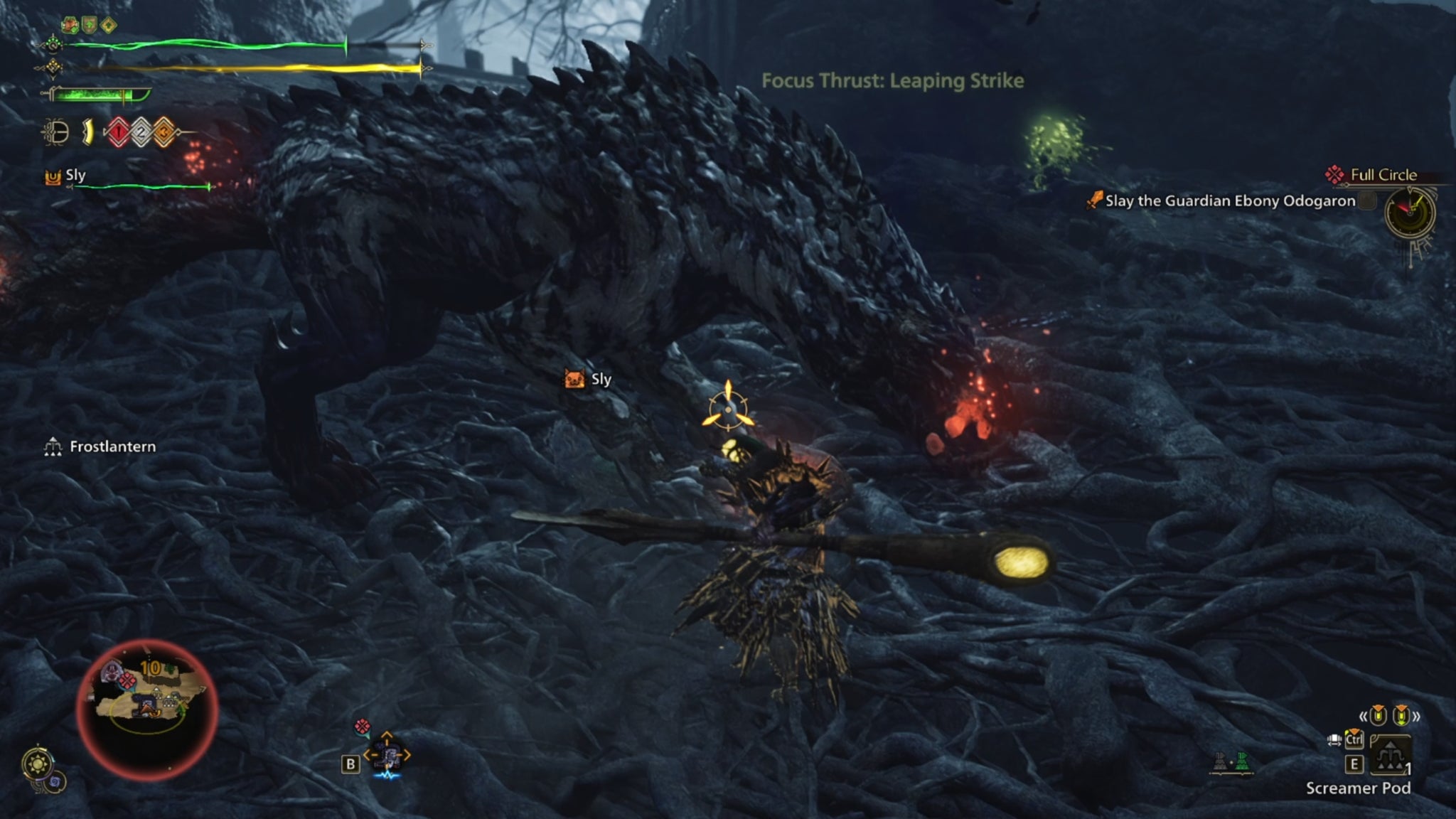 A Monster Hunter Wilds screenshot showing red glowing wounds on the Guardian Ebony Odogaron as the hunter attacks them. - 6