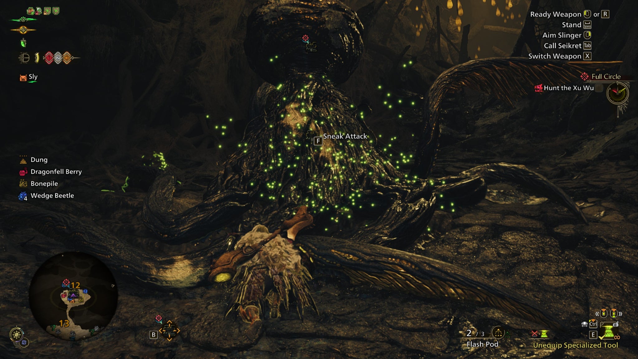 A Monster Hunter Wilds screenshot shows the hunter preparing a Sneak Attack on an unaware Xu Wu. - 9