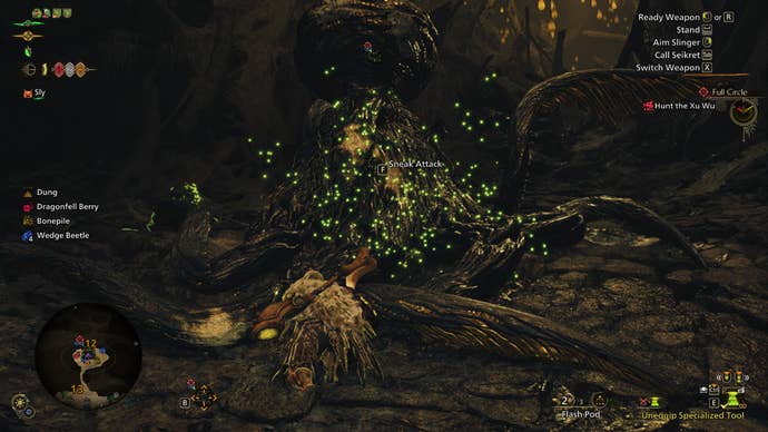 A Monster Hunter Wilds screenshot shows the hunter preparing a Sneak Attack on an unaware Xu Wu.