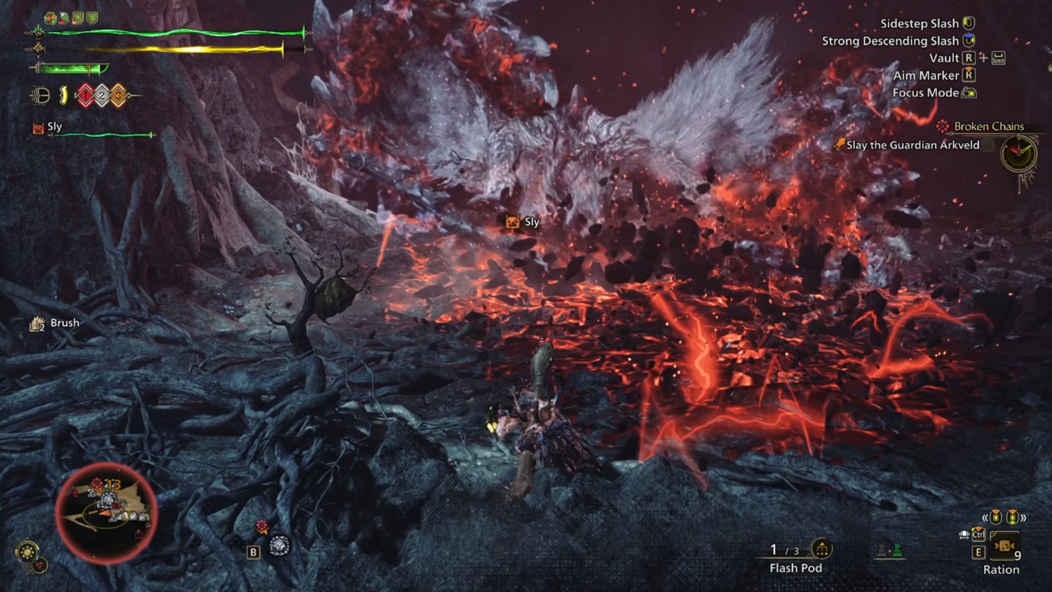 A Monster Hunter Wilds screenshot during the Guardian Arkveld fight as they use their chainblades to emit bright red energy along the ground. - 5