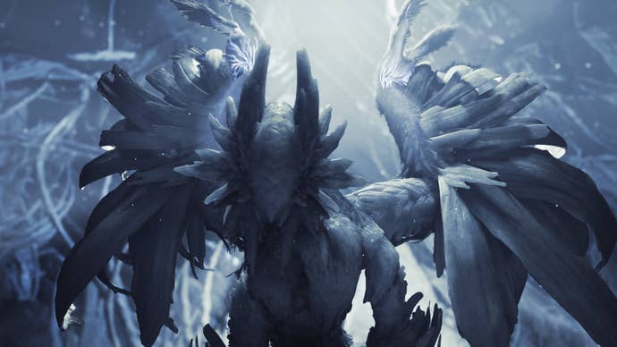 A Monster Hunter Wilds screenshot showing the white Zoh Shia with their wings spread out in front of their chrysalis.