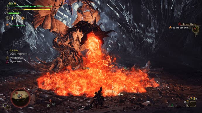 A Monster Hunter Wilds screenshot showing Zoh Shia with their head up high as they breath fire down onto the ground.