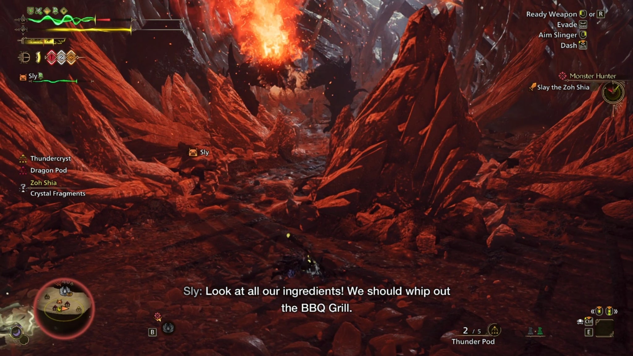A Monster Hunter Wilds screenshot shows Zoh Shia breathing fire in the distance as large ice walls form in the area. - 6