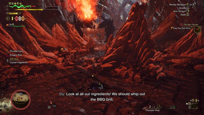A Monster Hunter Wilds screenshot shows Zoh Shia breathing fire in the distance as large ice walls form in the area.