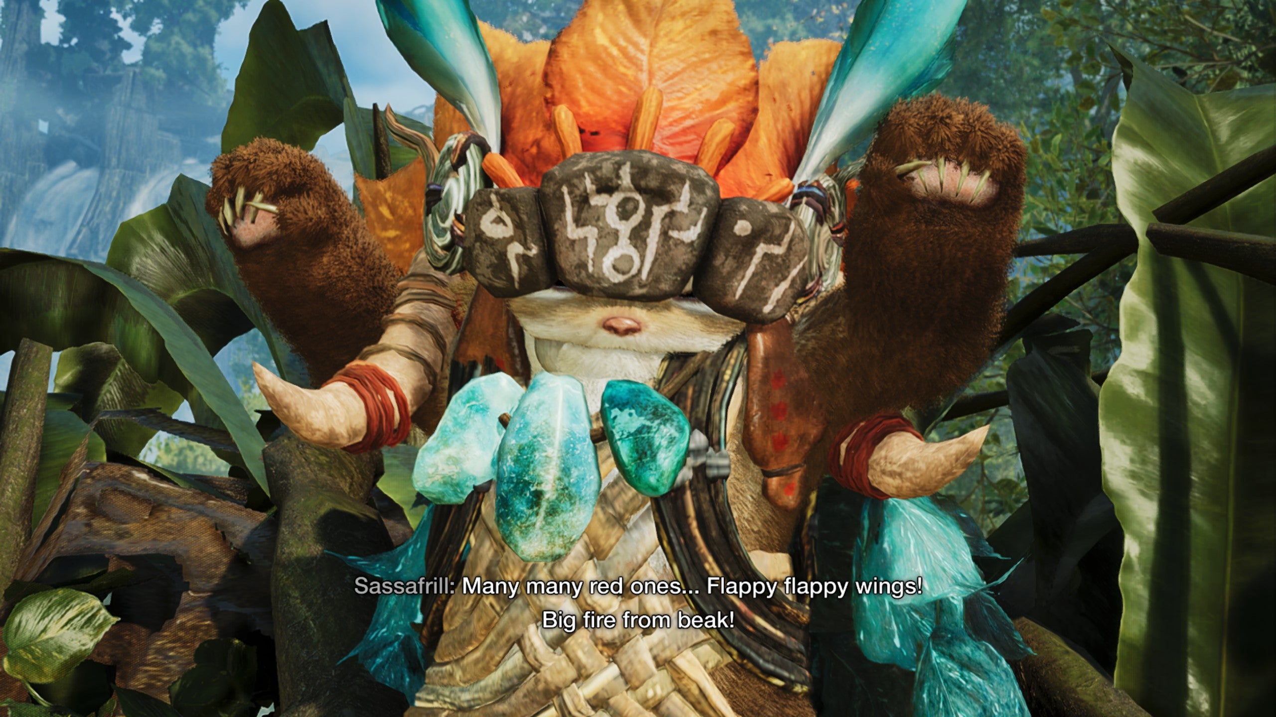 A Monster Hunter Wilds screenshot showing the Wudwud Sassafrill saying, &ldquo;Many many red ones… Flappy flappy wings! Big fire from beak!"