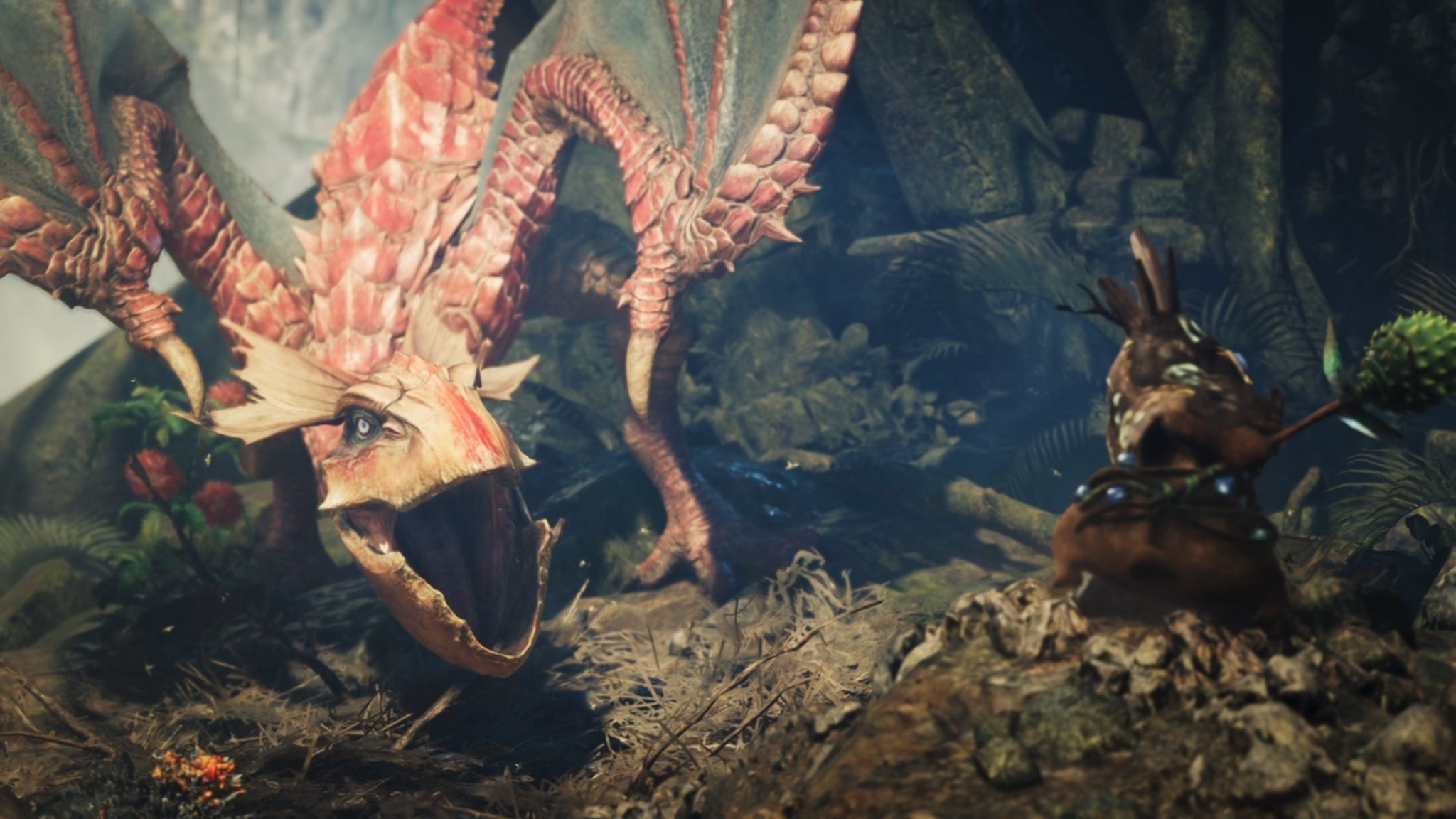 A Monster Hunter Wilds screenshot shows a Yian Kut-Ku wyvern roaring at a Wudwud. - 4