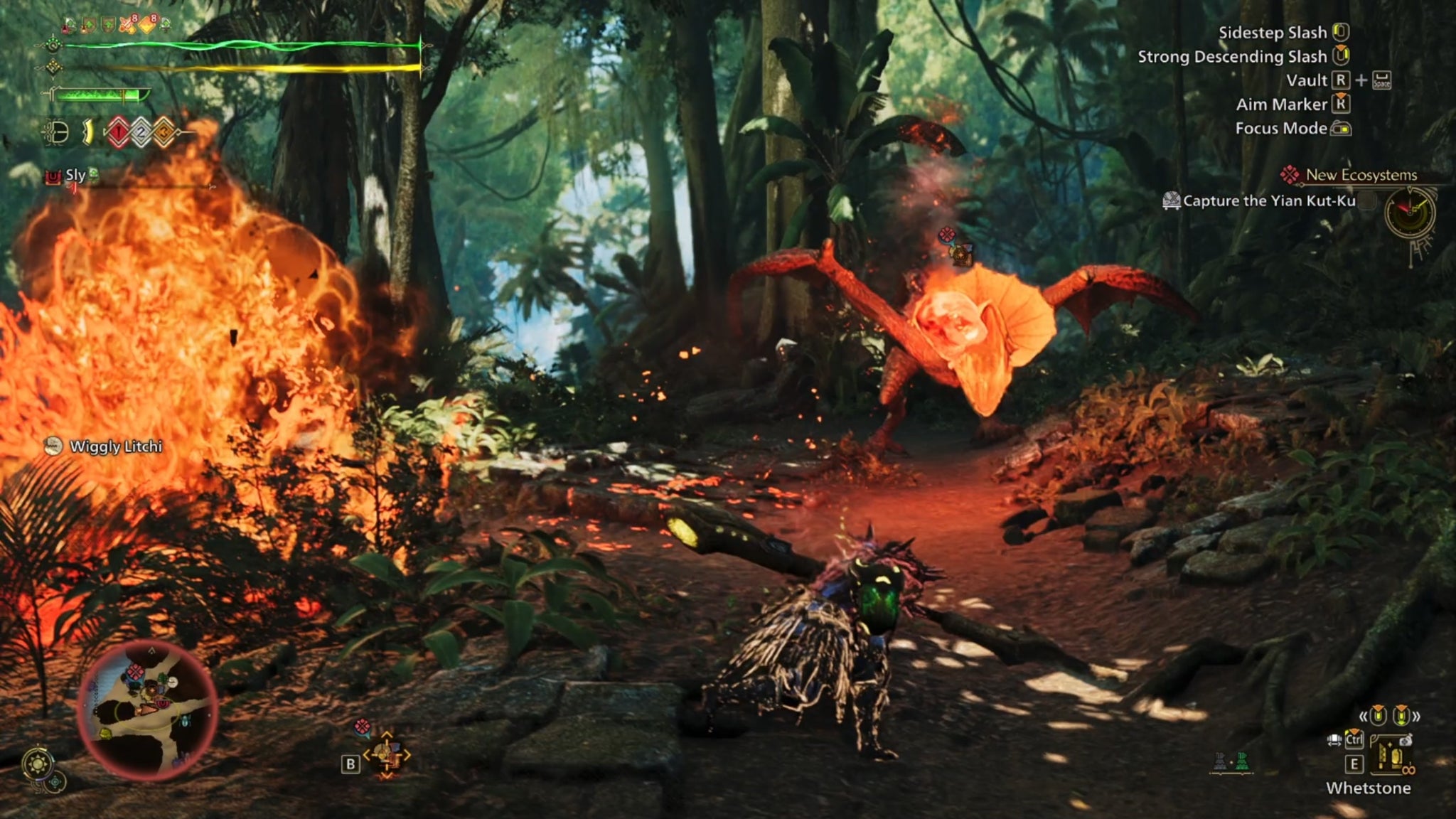 A Monster Hunter Wilds screenshot shows a Yian Kut-Ku inside the Scarlet Forest while spitting a fireball at the hunter. - 5