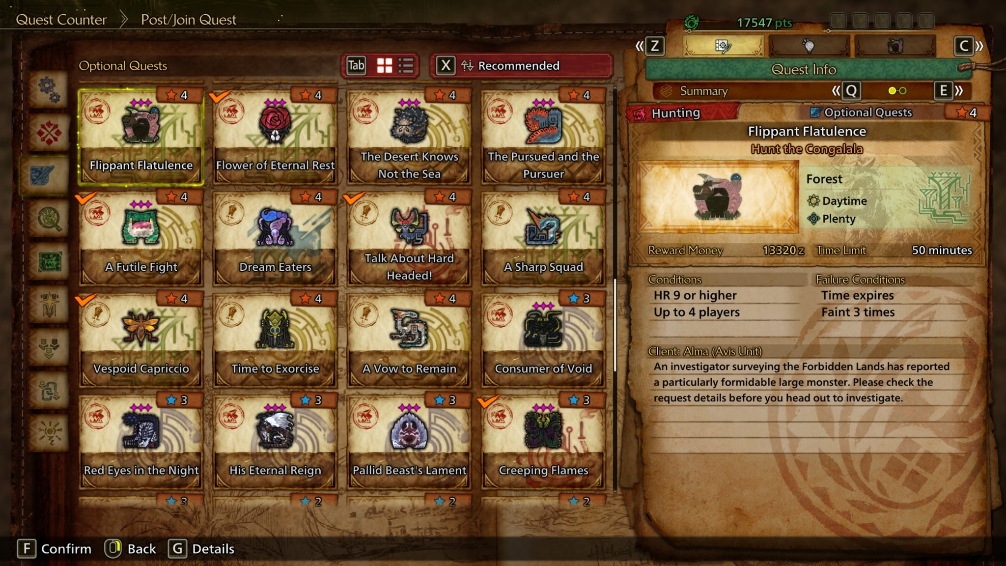 A Monster Hunter Wilds screenshot of the Optional Quests window. - 4
