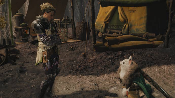 A Monster Hunter Wilds screenshot showing Olivia speaking with her palico in front of a tent.