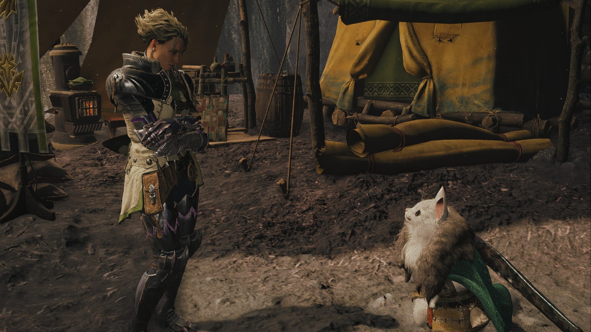 A Monster Hunter Wilds screenshot showing Olivia speaking with her palico in front of a tent. - 1