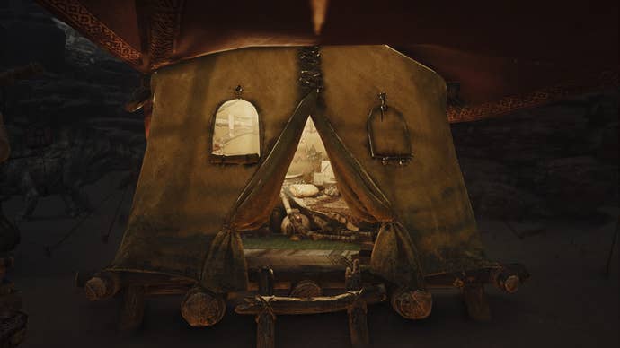 A Monster Hunter Wilds screenshot of a yellow tent with a brown tent fly.