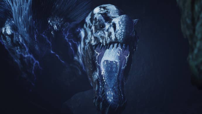A Monster Hunter Wilds screenshot of a Guardian Fulgur Anjanath roaring with their mouth wide open showing electricity inside.
