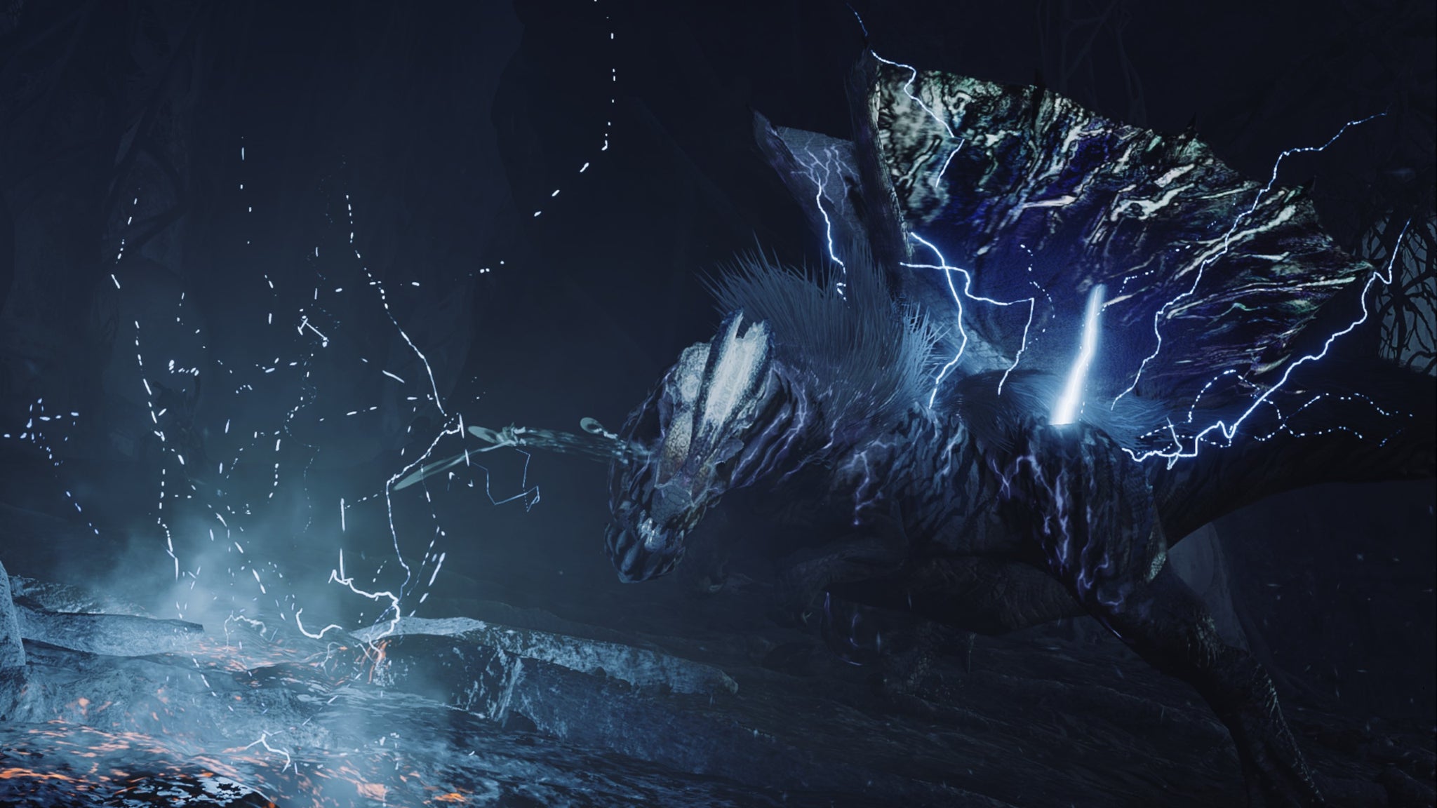 A Monster Hunter Wilds screenshot of a Guardian Fulgur Anjanath slobbering as electricity pulses around them. - 6