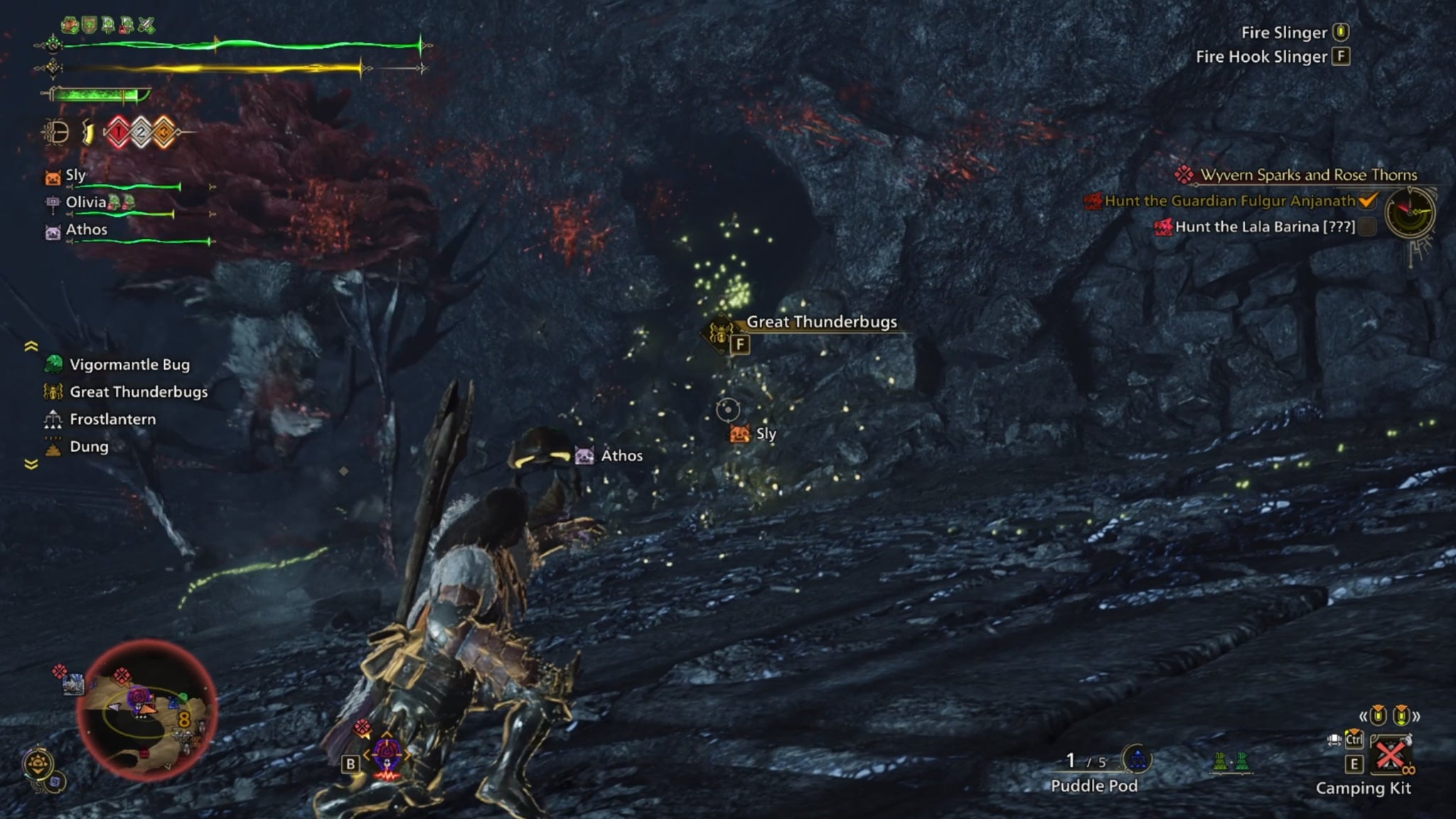 A Monster Hunter Wilds screenshot focusing on Great Thunderbugs with a Lala Barina in the background to the left. - 7