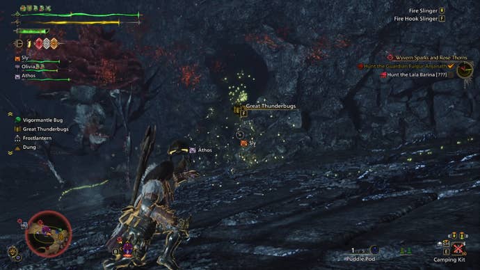 A Monster Hunter Wilds screenshot focusing on Great Thunderbugs with a Lala Barina in the background to the left.