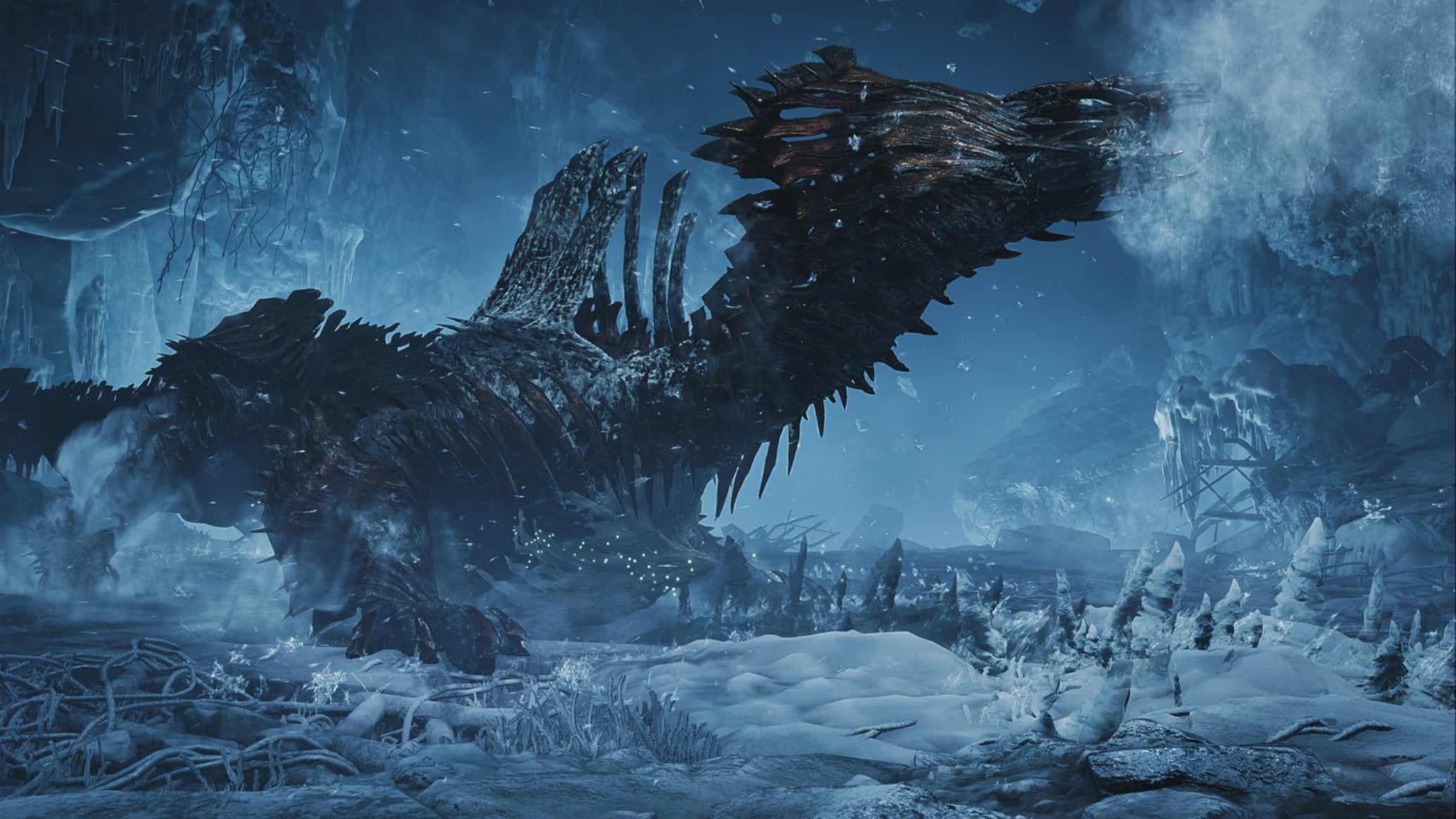 A Monster Hunter Wilds screenshot showing the Jin Dahaad monster blowing ice into the air. - 1