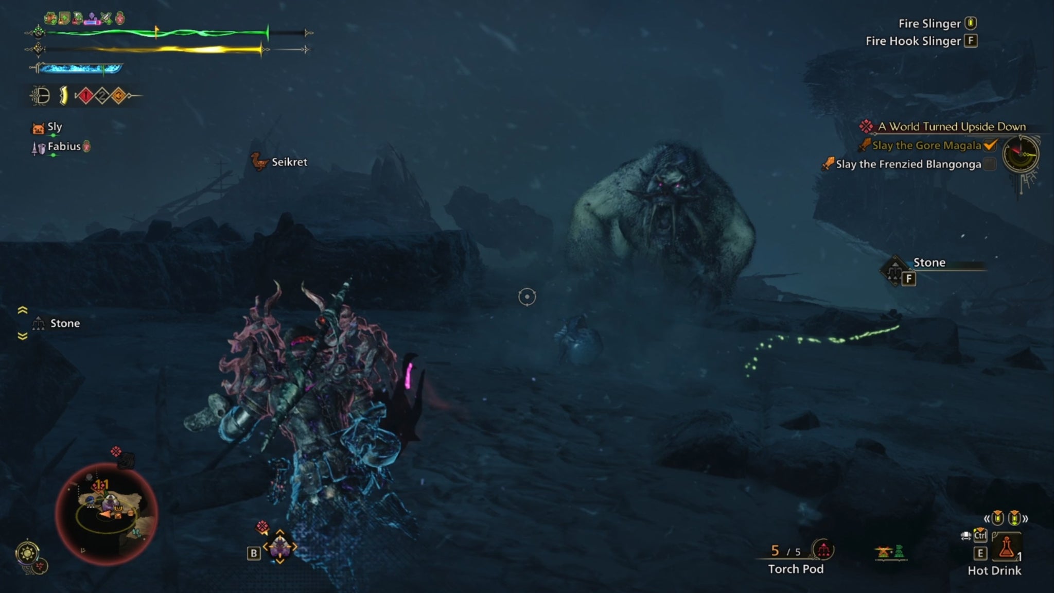 A Monster Hunter Wilds screenshot of a blizzard with a Frenzied Blangonga roaring in the distance as their purple eyes glow. - 13