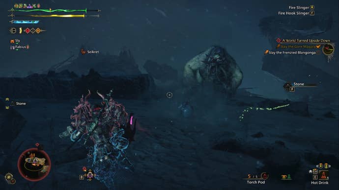 A Monster Hunter Wilds screenshot of a blizzard with a Frenzied Blangonga roaring in the distance as their purple eyes glow.