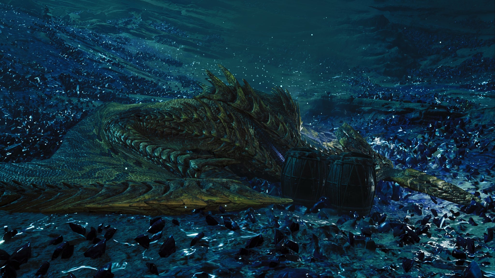 A Monster Hunter Wilds screenshot of Rey Dau sleeping surrounded by purple crystals and two explosive barrels. - 5