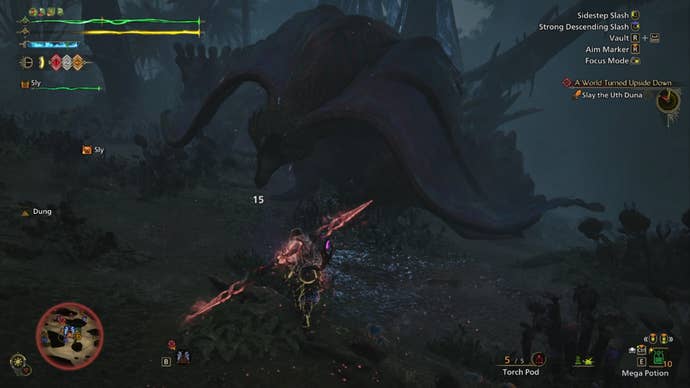 A Monster Hunter Wilds screenshot of Uth Duna charging the hunter.