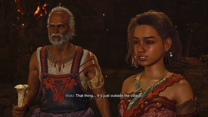 A Monster Hunter Wilds screenshot of Maki saying, “That thing… It’s just outside the village."