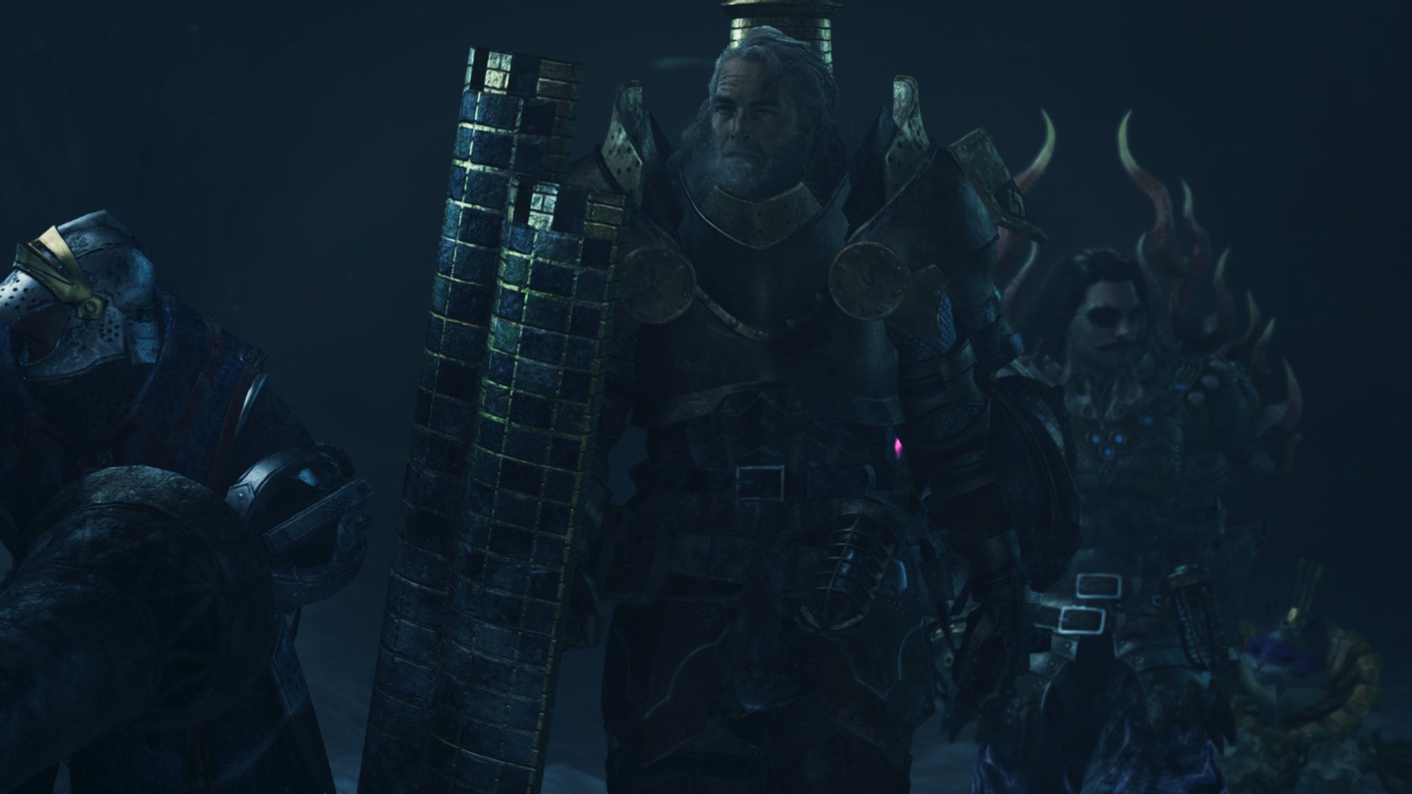 A Monster Hunter Wilds screenshot of Fabius in armour holding a large shield with the hunter in the background. - 10