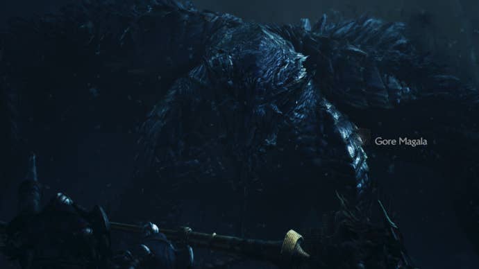 A Monster Hunter Wilds screenshot close-up of the large Gore Magala monster.