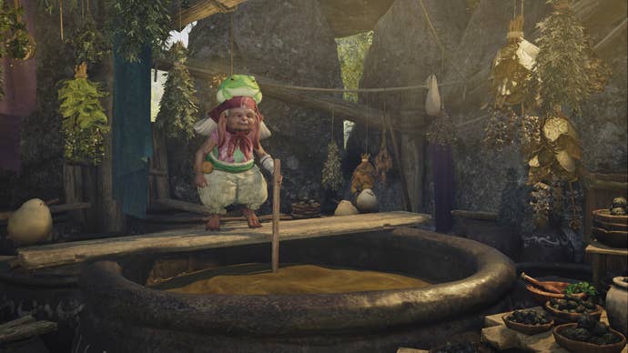 A Monster Hunter Wilds screenshot of the melding pot where a Wyverian stands above the pot with a frog resting on their head.