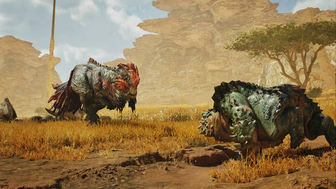 Monster Hunter Wilds screenshot of a Chatacabra and a Quematrice charging at each other inside the Windward Plains.
