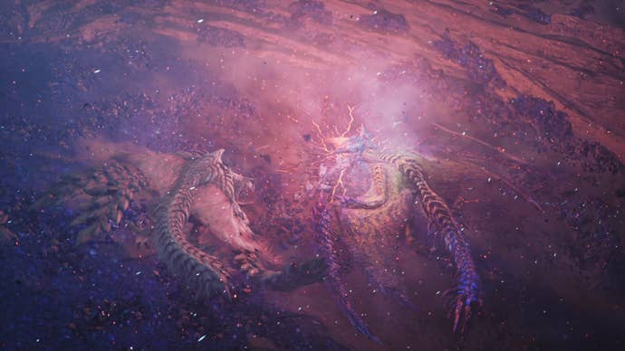 A Monster Hunter Wilds screenshot of Arkveld slamming Rey Dau with their explosive chainblade in an area surrounded by purple crystals.