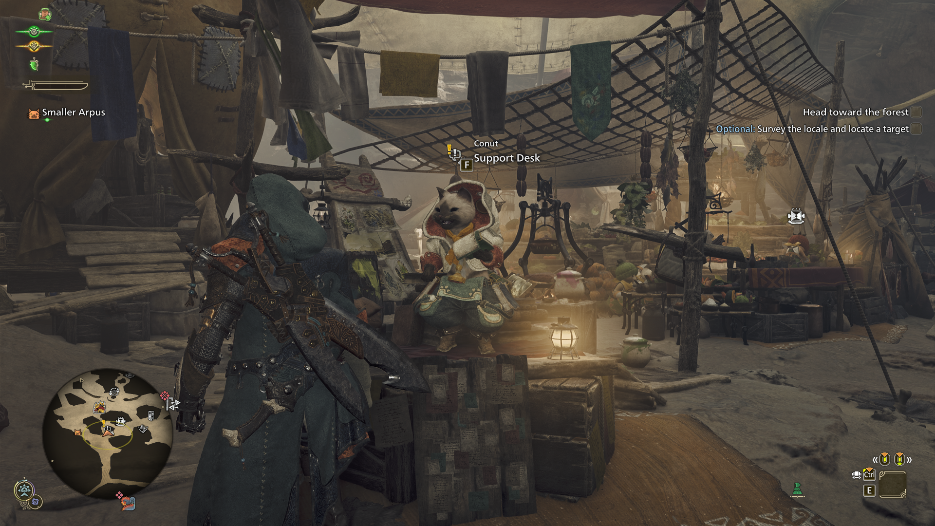 DLC vendor cat Conut stands at his stall in Monster Hunter Wilds. - 3