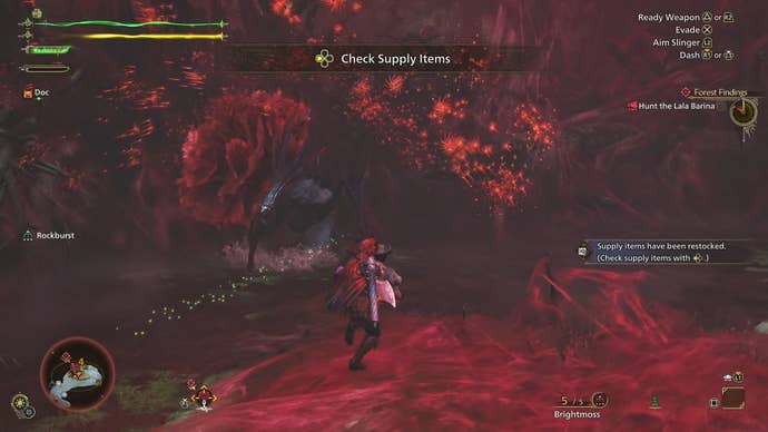 Lala Barina using its red petal attack in Monster Hunter Wilds.