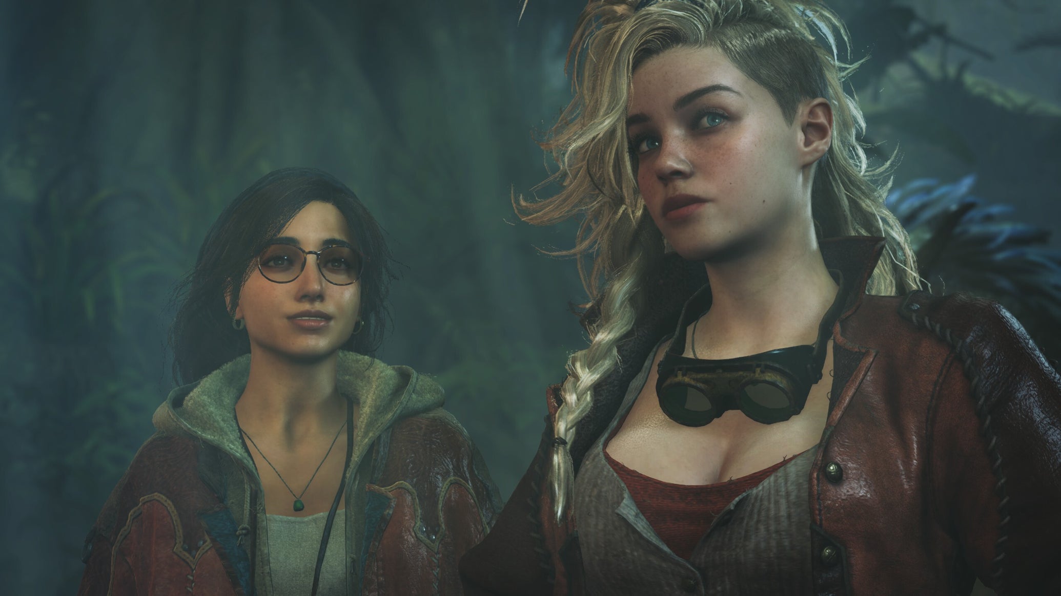 A Monster Hunter Wilds cutscene showing characters Alma and Gemma up close with a large tree behind them. - 1