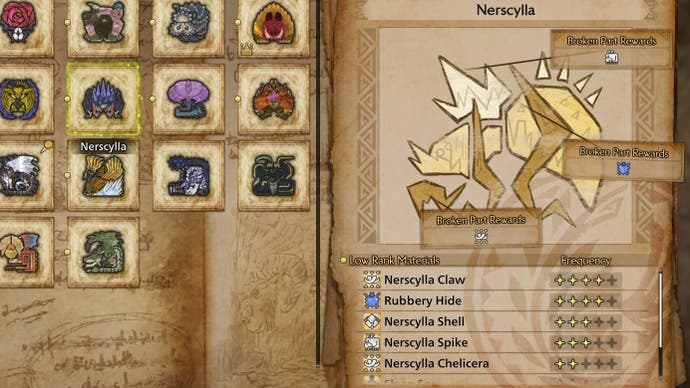 Nerscylla's harvest materials in Monster Hunter Wilds.