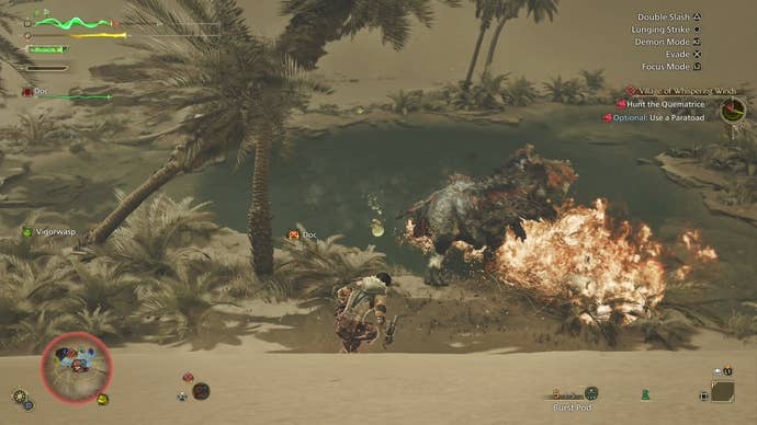 A Quematrice using its tail to create fire in Monster Hunter Wilds.